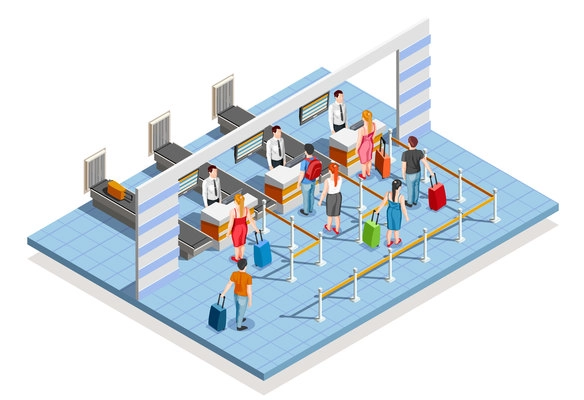 Line people airport isometric composition of flight check-in desk with bag drop counters and passenger characters vector illustration