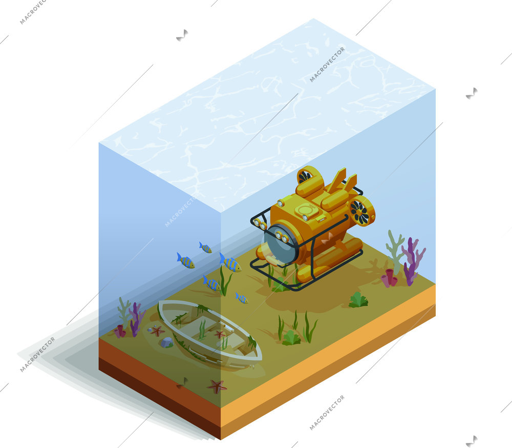 Scuba diving snorkelling isometric composition with bathyscaph and sea bottom with fishes and water grass vector illustration