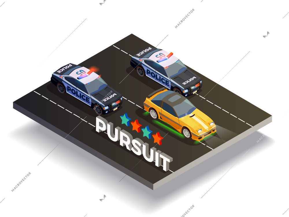 Street racing drift isometric composition with fast racing car and police cars being in pursuit vector illustration