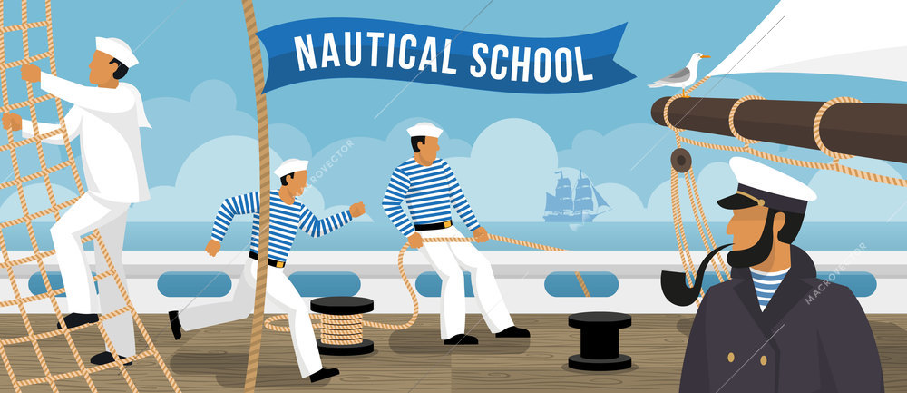 Nautical school on board sailing ship sailors training  flat advertisement poster with smoking pipe captain vector illustration