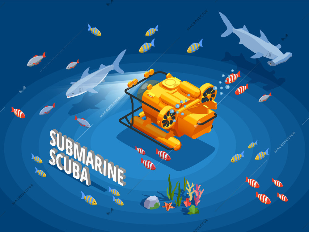 Scuba diving snorkelling isometric composition with orange bathyscaph surrounded by different fishes and seaweed with text vector illustration