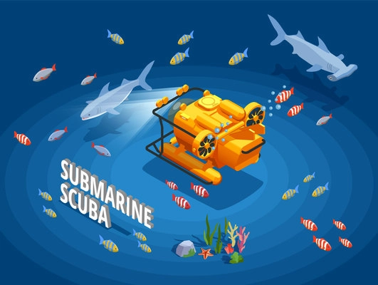 Scuba diving snorkelling isometric composition with orange bathyscaph surrounded by different fishes and seaweed with text vector illustration