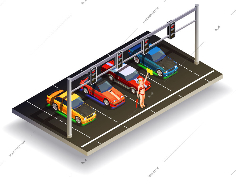 Street racing drift isometric composition with colourful high speed cars at ready position with traffic lights vector illustration