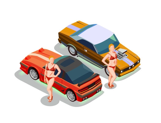 Street racing drift isometric composition with two customized racing cars and topless female model faceless characters vector illustration