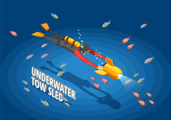 Scuba diving snorkelling isometric composition with human character in wet suit with spotlight and cumbersome text vector illustration