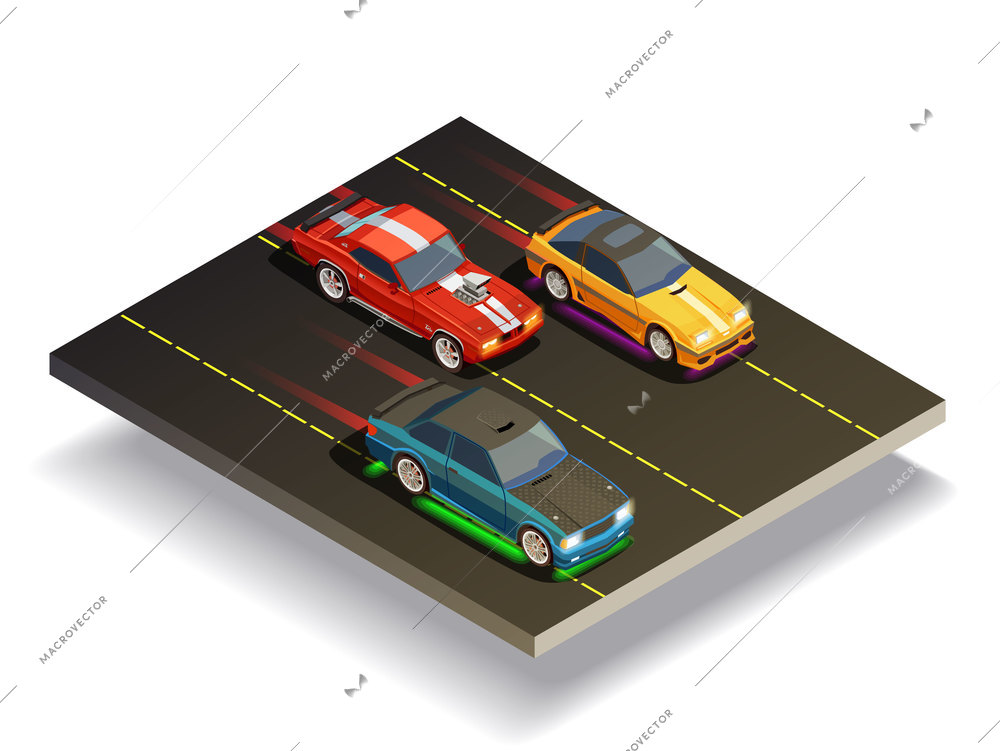 Street racing drift isometric composition of three fast racing cars with different decals on race course vector illustration