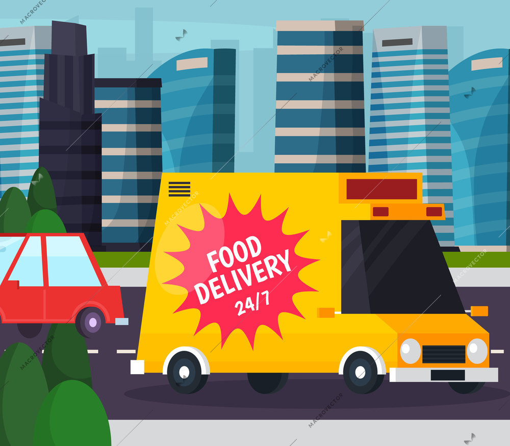 Food delivery orthogonal flat composition with yellow red truck at road on city buildings background vector illustration