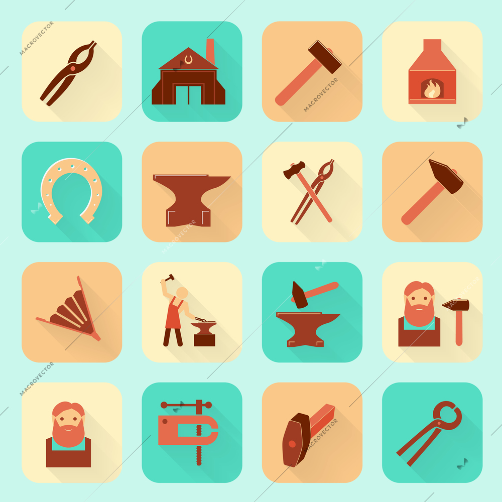 Decorative blacksmith shop anvil fire place molding tools and horseshoe pictograms icons collection flat  isolated vector illustration