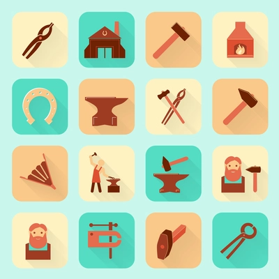 Decorative blacksmith shop anvil fire place molding tools and horseshoe pictograms icons collection flat  isolated vector illustration