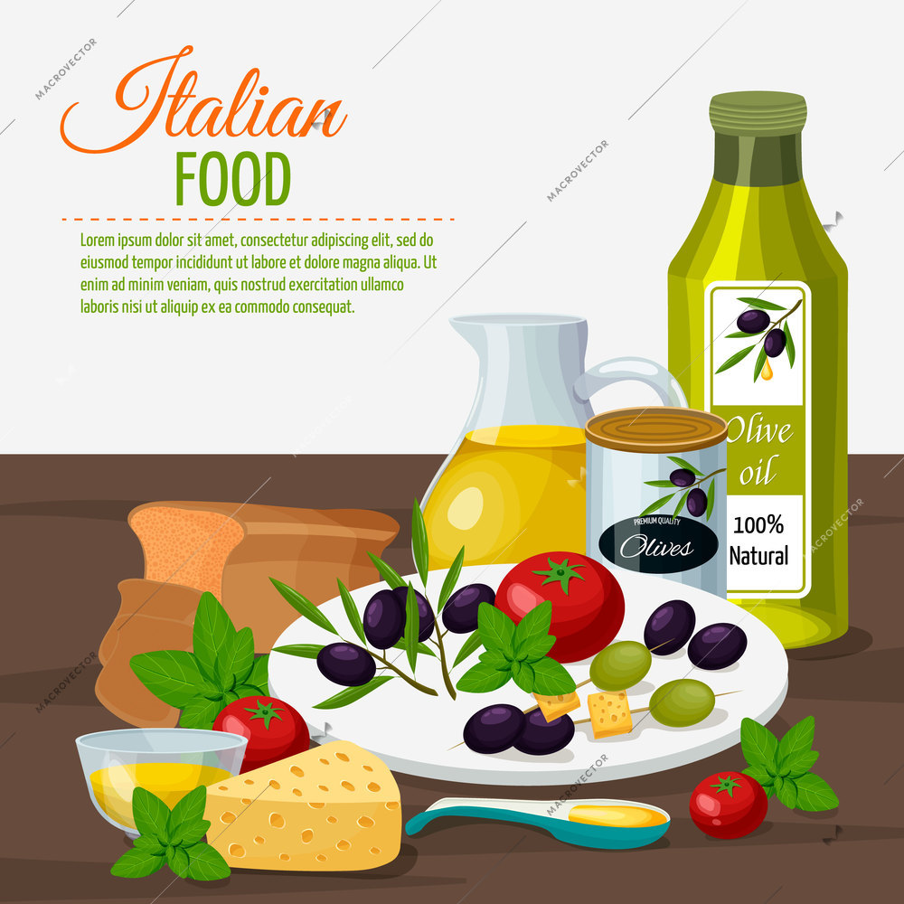 Mediterranean virgin olive oil good cholesterol diet with tomatoes basil cheese italian food background cartoon poster vector illustration