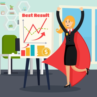 Successful business orthogonal composition with woman dressed in superhero costume in office interior cartoon vector illustration