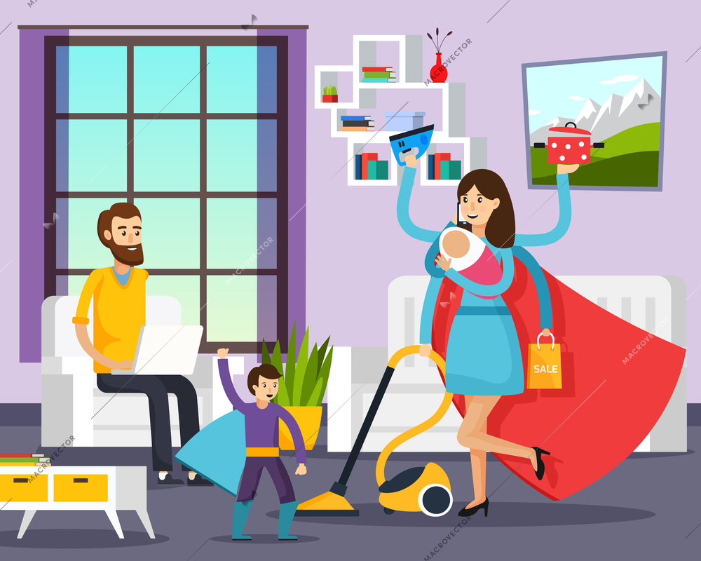 Family portrait in home interior orthogonal background with mother and son dressed in superhero costumes cartoon vector illustration