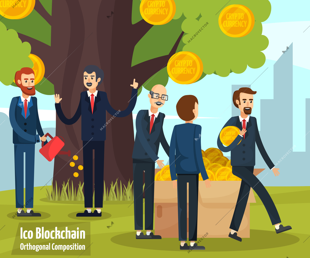 Initial coin offering cartoon composition with happy cartoon characters on bitcoin tree background vector illustration