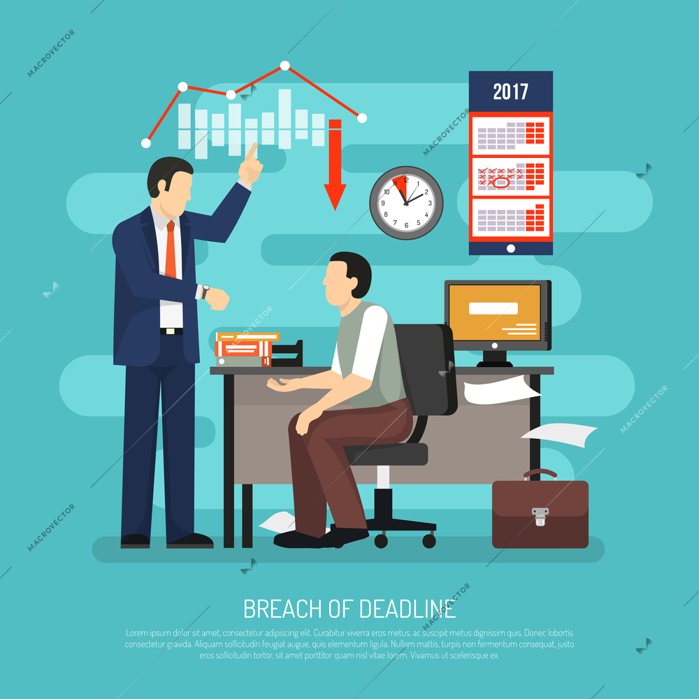 Deadline flat composition with elements of office equipment with icons and characters of boss and employee vector illustration