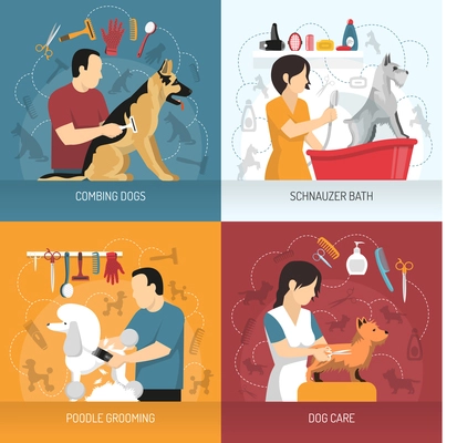 Grooming service design concept with view of hairdresser combing and bathing dogs of different breed with icons vector illustration