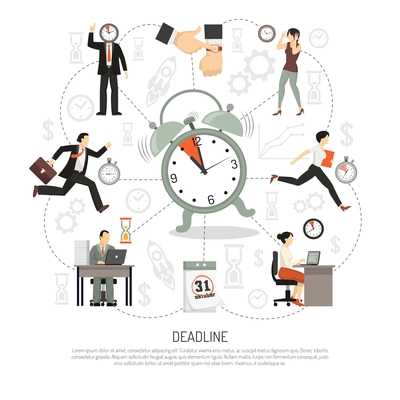 Deadline composition of flat icons productivity pictograms and flat images of alarm calendar and people characters vector illustration