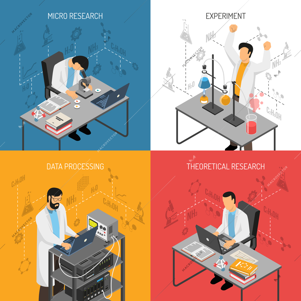 Isometric scientific laboratory design concept with flat images of scientists with research equipment and molecular icons vector illustration