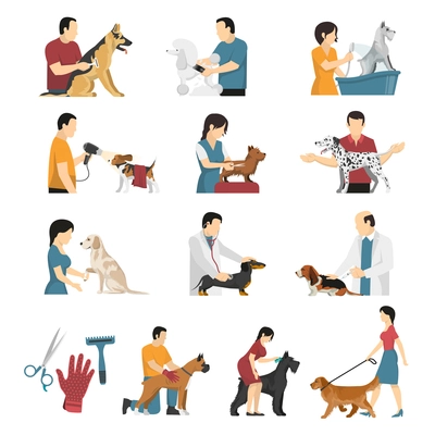 Grooming service vet dogs set of isolated flat image compositions of human characters with pets vector illustration