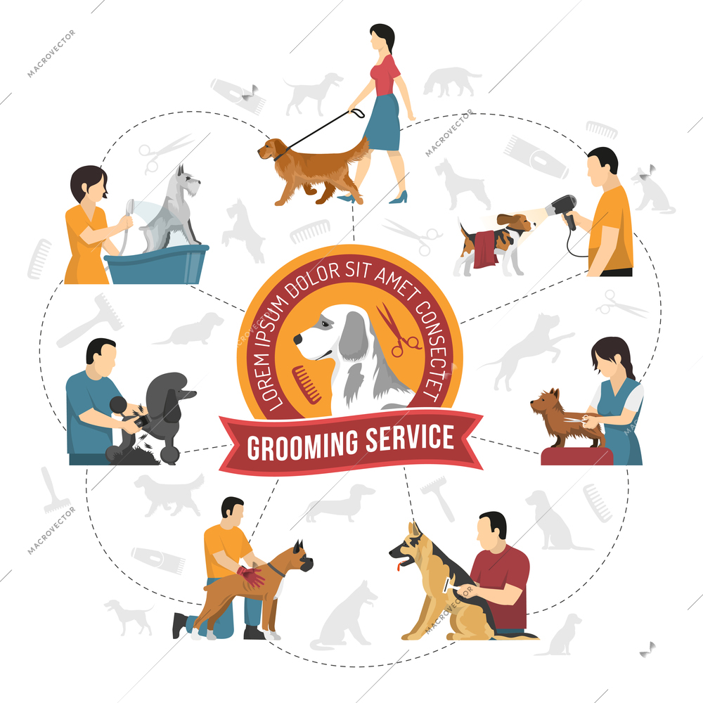 Grooming service round composition with hairdressing company emblem and silhouette images of pets with human characters vector illustration