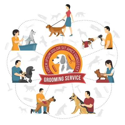 Grooming service round composition with hairdressing company emblem and silhouette images of pets with human characters vector illustration