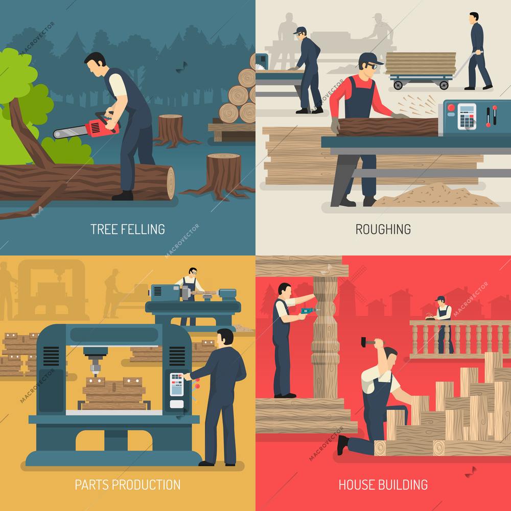 Woodworking design concept with flat images of wood workers during different stages of wooden parts production vector illustration