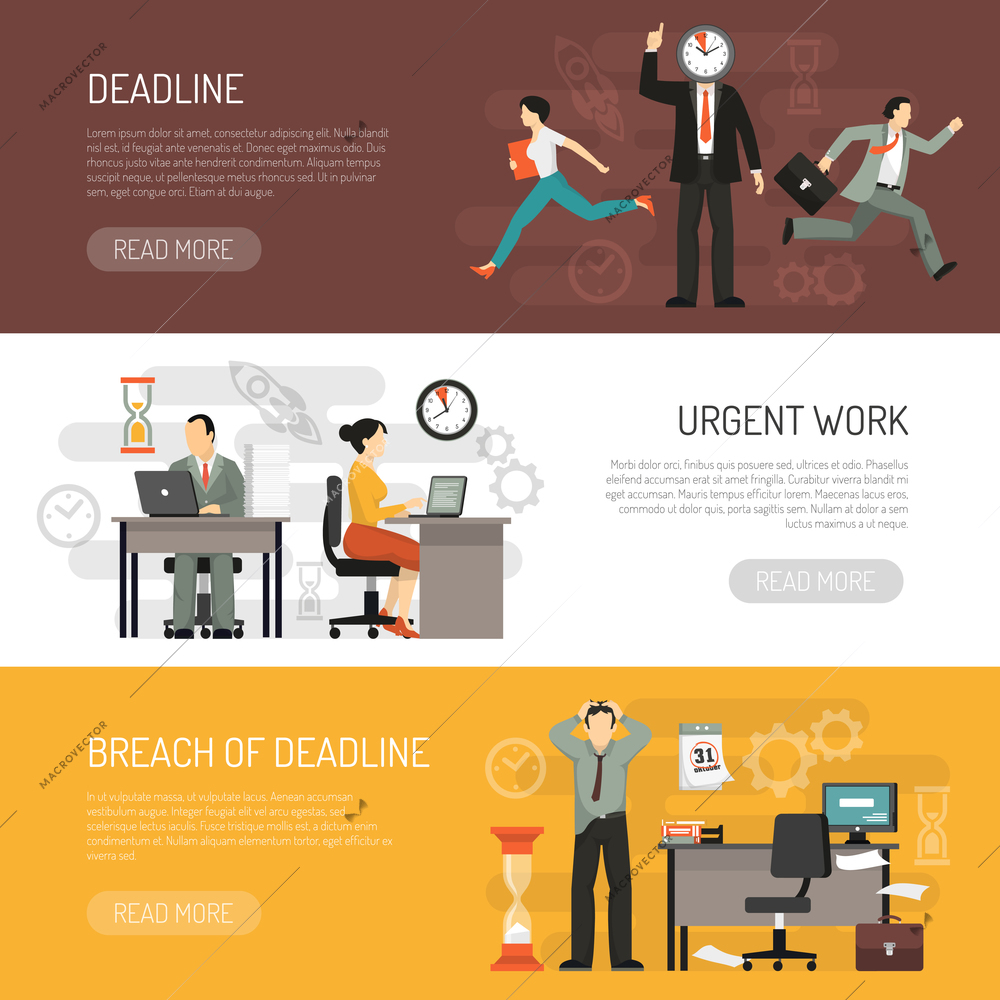 Deadline horizontal banners with read more button editable text and flat images of people in rush vector illustration