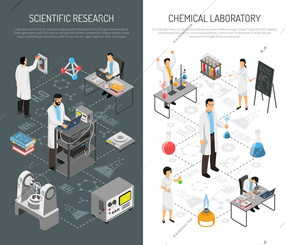 Isometric scientific laboratory banners set with editable text and icons of equipment with people in uniform vector illustration