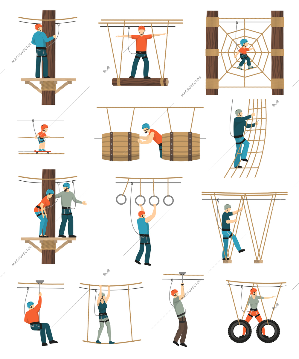 Rope walk activity park set with flat isolated figures of people walking through ropewalk coarse obstructions vector illustration