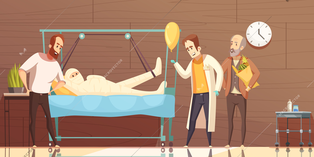 Doctor and visitors at severe injured fully bandaged patient bedside in hospital cartoon poster vector illustration