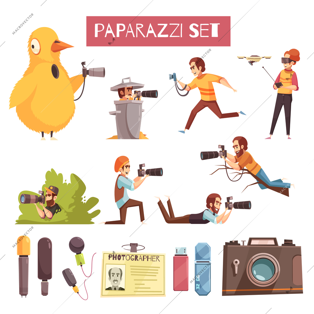 Paparazzi photographers taking pictures cartoon icons collection with camera microphone id card and usb stick vector illustration