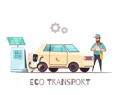 Eco transportation cartoon poster with environment friendly clean vehicle at solar power electric charging station vector illustration