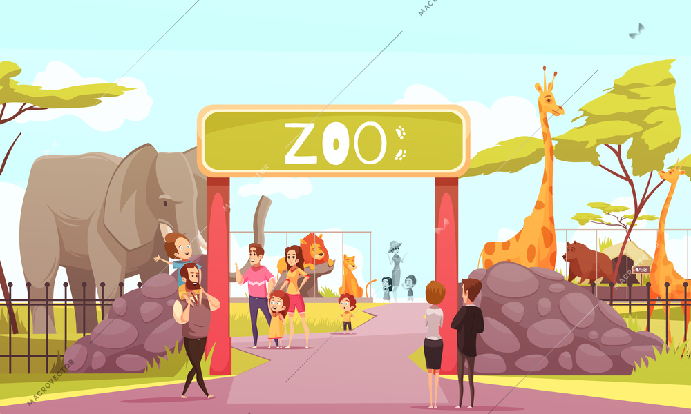 Zoo entrance gates cartoon poster with elephant giraffe lion safari animals and visitors on territory vector illustration