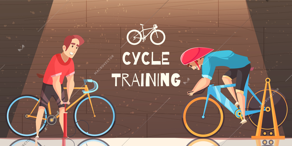 Road circuit cycle racing indoor training with stationary bike trial and sportsman pumping tire vector cartoon illustration