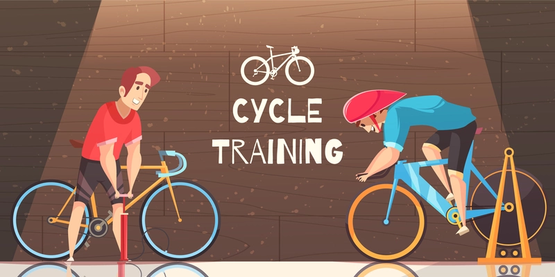 Road circuit cycle racing indoor training with stationary bike trial and sportsman pumping tire vector cartoon illustration