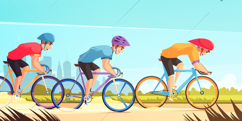 Country road bicycle racing competition cartoon poster with three riders in uniform jerseys and helmets vector illustration