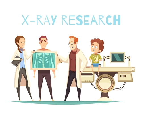 Bone x-ray research radiology for orthopedic surgery with patient physician and medical assistant cartoon vector illustration