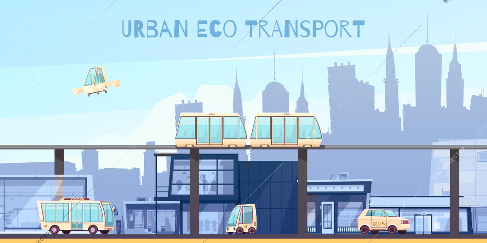 Ecologically clean urban transport with electric vehicles green monorail system and drone on cityscape background vector illustration