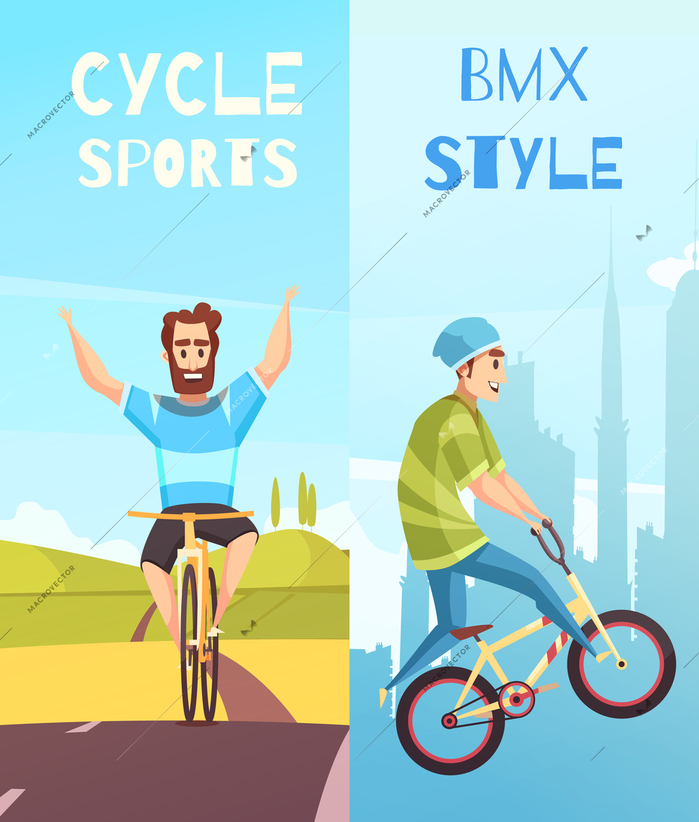 Cycling sports 2 cartoon vertical banners with bmx bicycle competitive racing and off-road recreation vector illustration