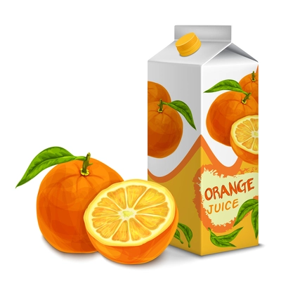 Juice carton cardboard box pack 3d with cut sweet orange isolated vector illustration