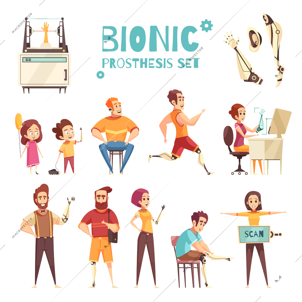 Active people with bionic protheses cartoon icons collection with adults and kids with replaced limbs vector illustration