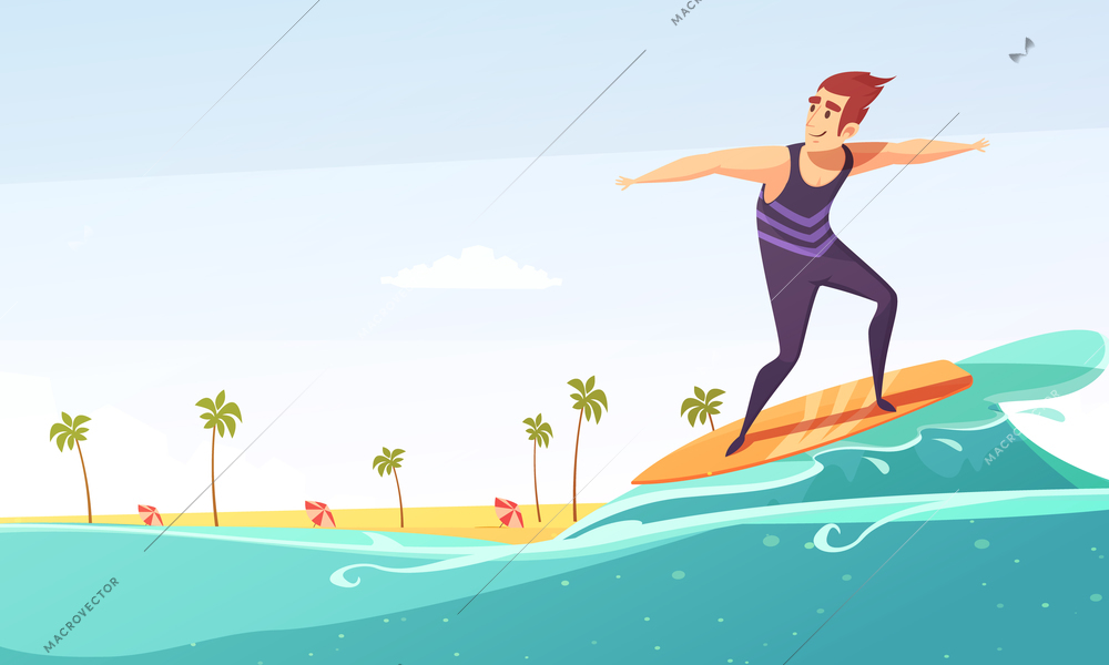 Tropical island vacation big wave surfing cartoon poster with beach palms and man on surfboard vector illustration