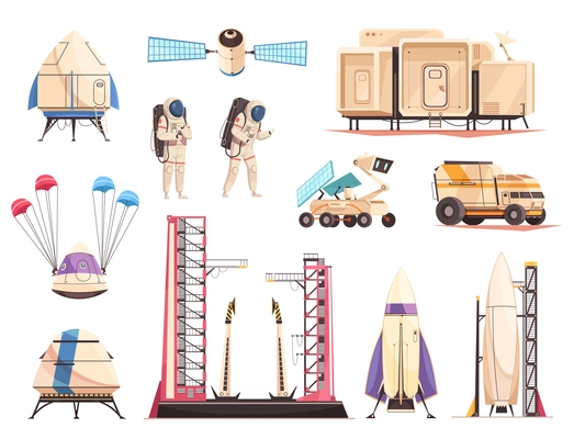 Space research technology cartoon icons collection with spacecraft launch moon rover astronauts and satellite isolated vector illustration