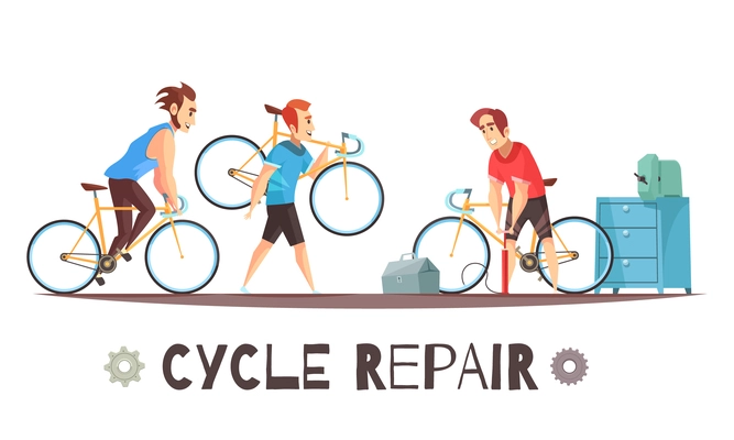 Bicycle repair mechanic shop with toolkit equipment and 2 cyclists with broken bikes cartoon advertisement vector illustration