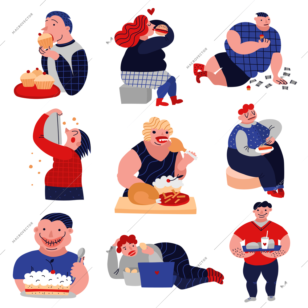 Gluttony over-consumption of food and drink flat icons collection with overweight eating people isolated vector illustration