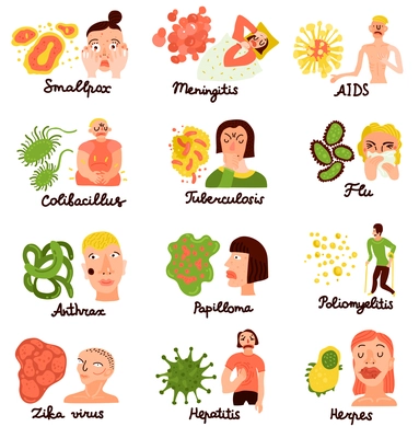 Human viruses and associated pathologie 12 flat icons collection with flu aids meningitis hepatitis isolated vector illustration