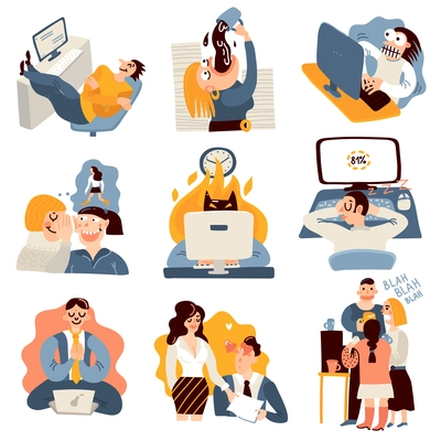 Office work funny moments flat icons collection with coworkers gossiping meditating sleeping on keyboard isolated vector illustration