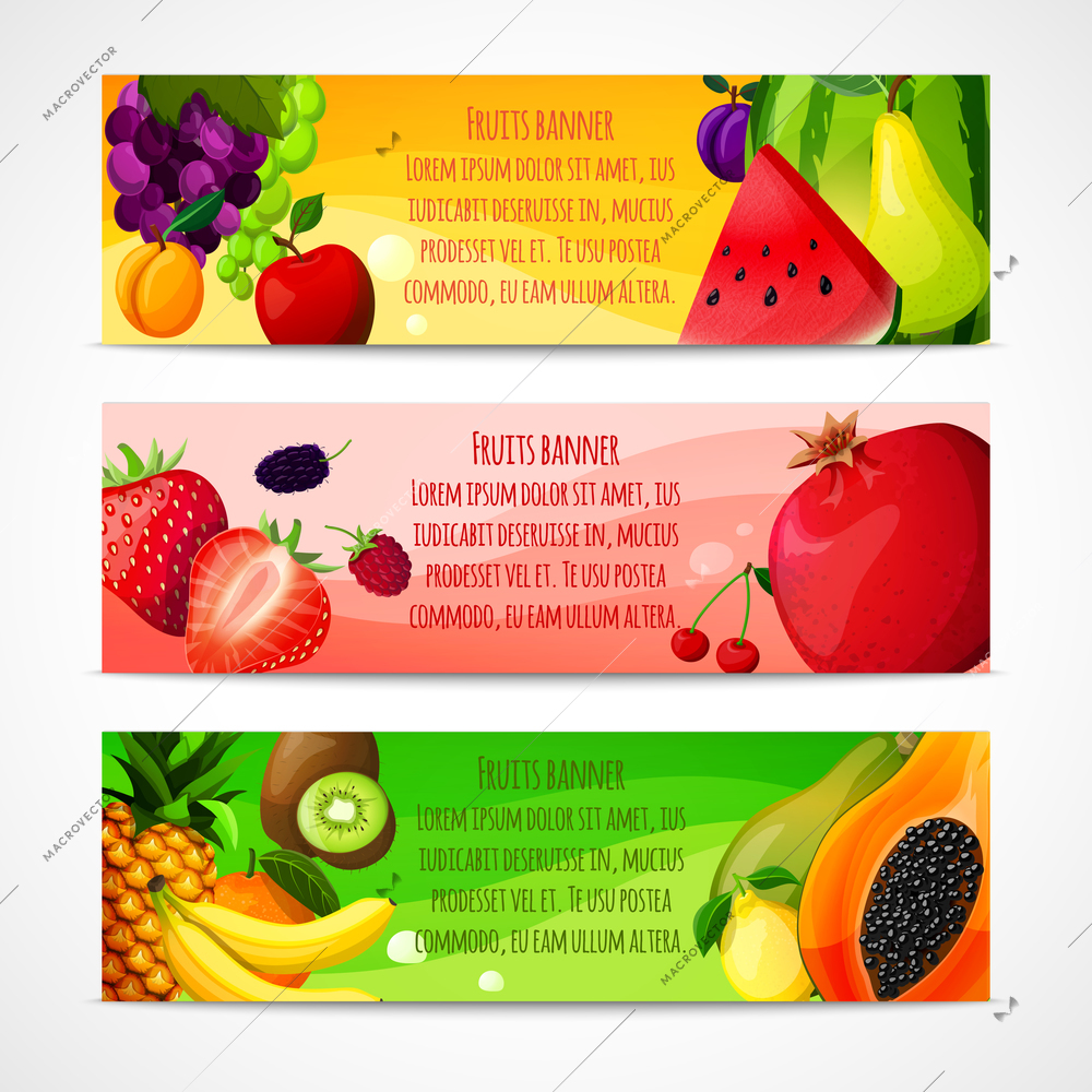 Fresh natural fruit food horizontal banners set with pear apple apricot isolated vector illustration