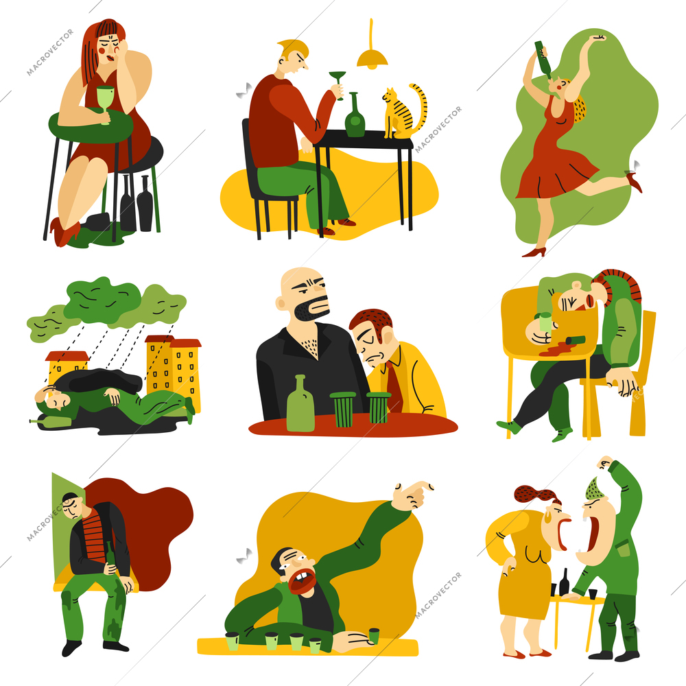 Alcohol addiction symptoms signs and abuse 9 flat compositions icons collection with drinking people isolated vector illustration