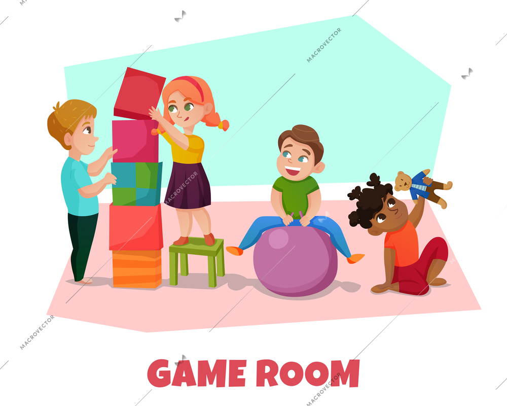 Game room with kids toys and playing symbols flat vector illustration