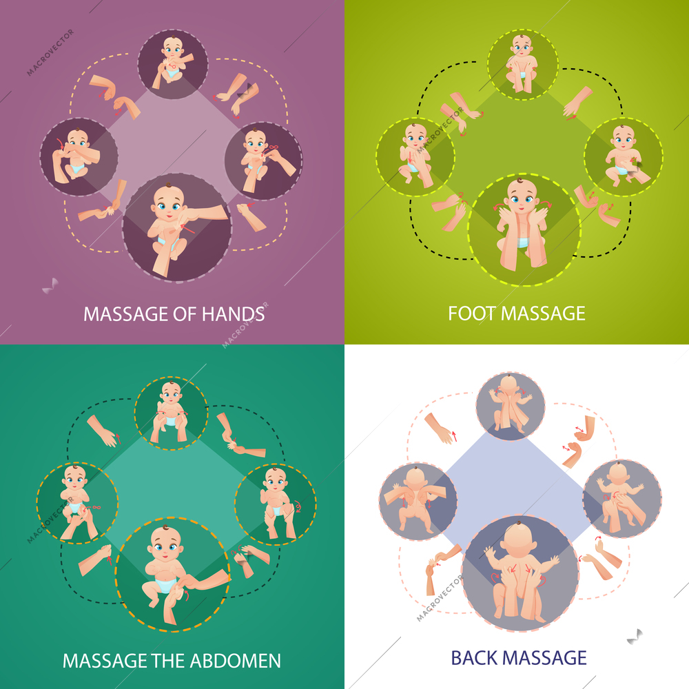 Baby massage concept icons set with foot and back massage symbols flat isolated vector illustration